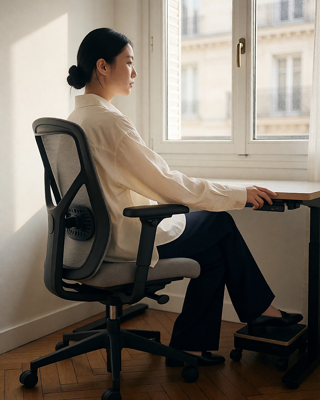 Jeune femme vue de trois-quarts dos, assise dans un fauteuil de bureau réglable, dans un petit appartement