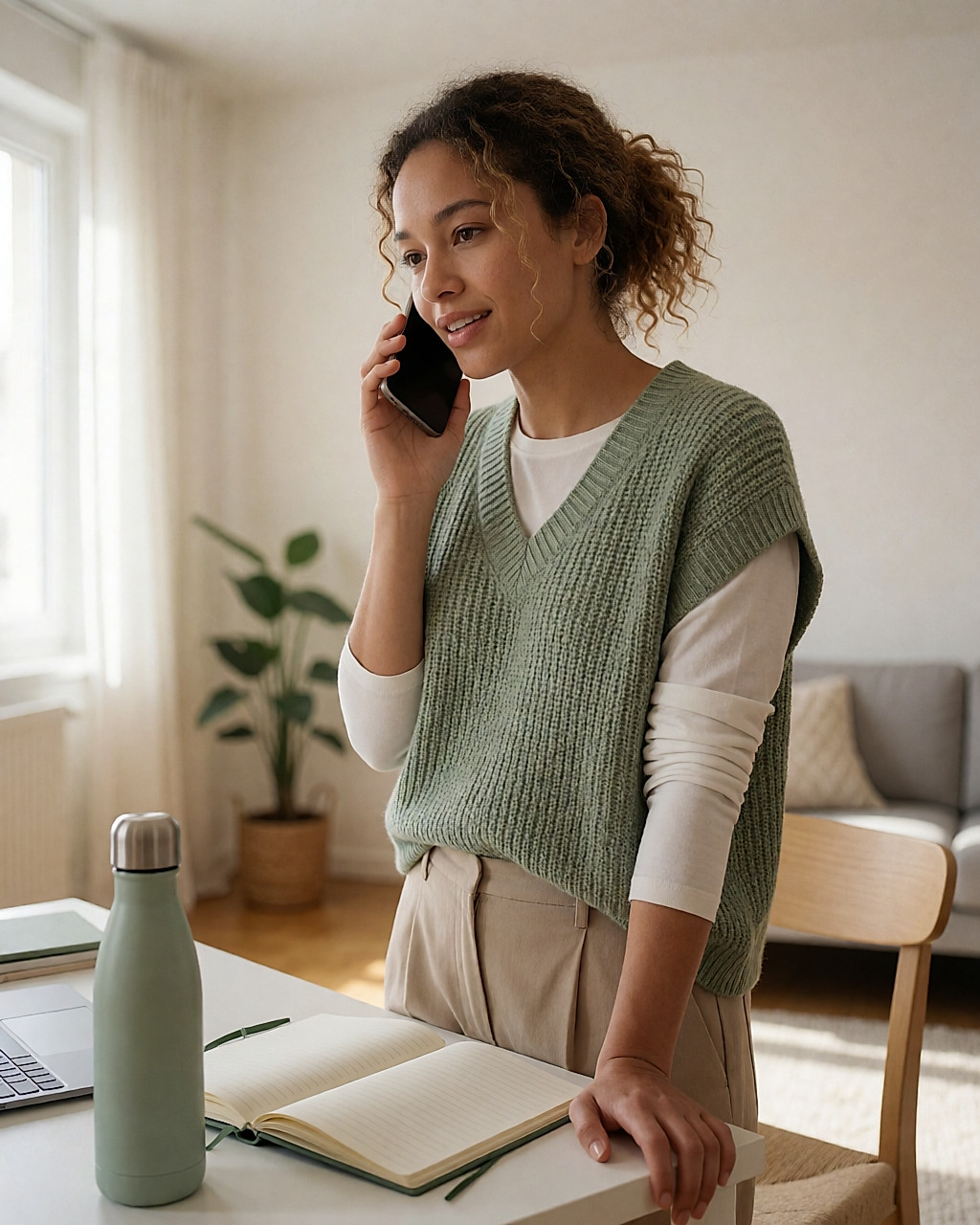 Jeune femme debout près de son bureau, étirant sa nuque pendant un appel téléphonique