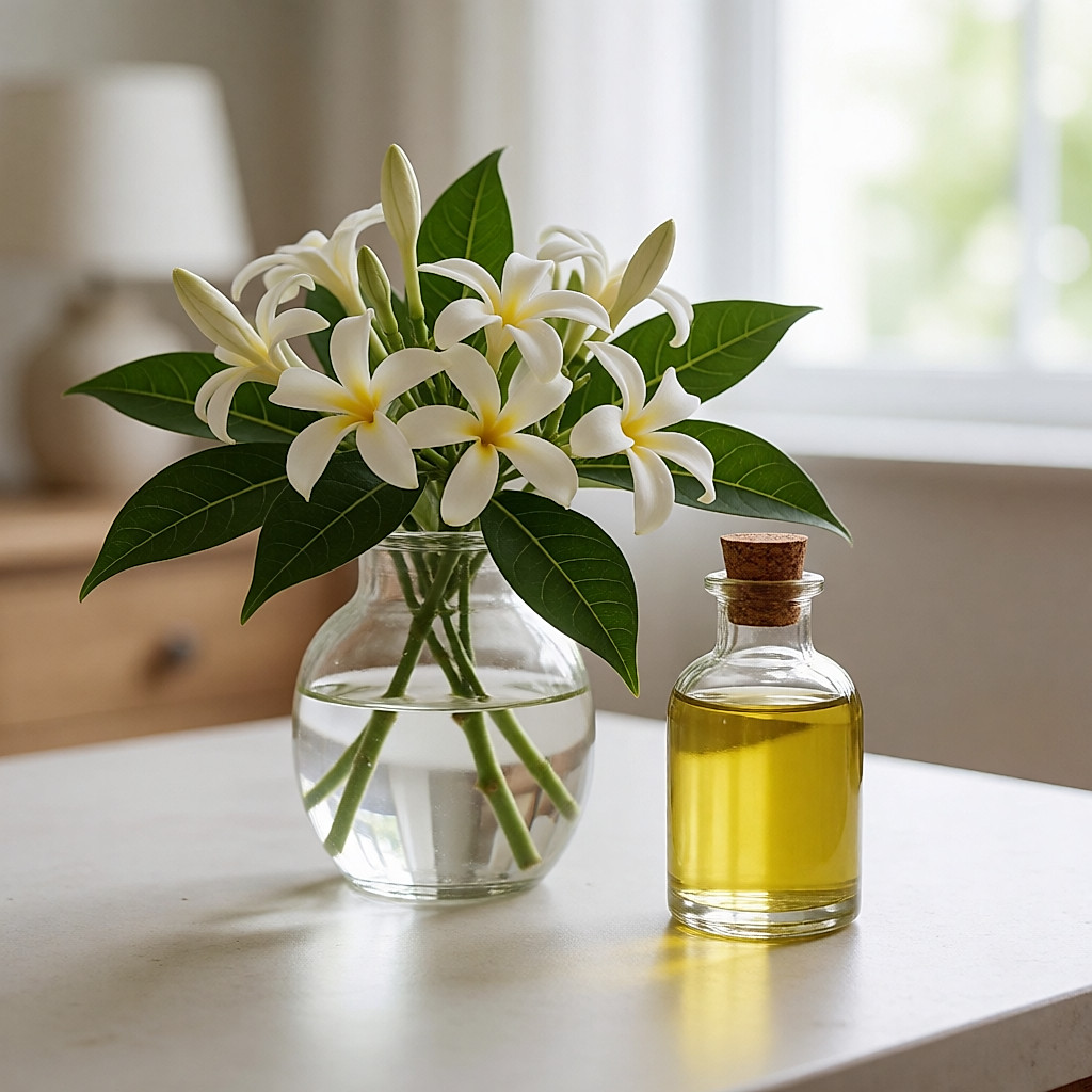 Fleurs d'ylang-ylang dans une coupelle près d'un flacon d'huile essentielle