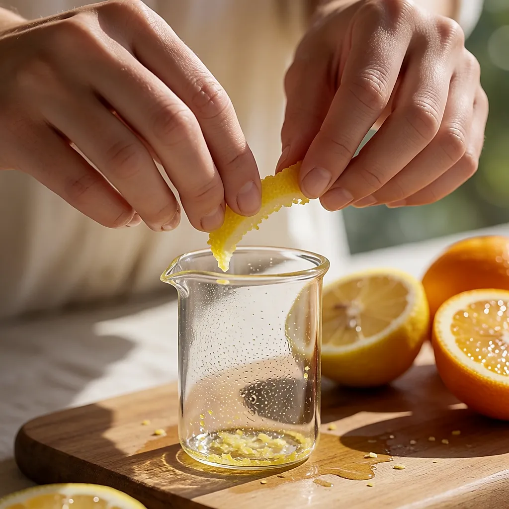 Mains pressant un zeste de citron au-dessus d'un petit bécher en verre