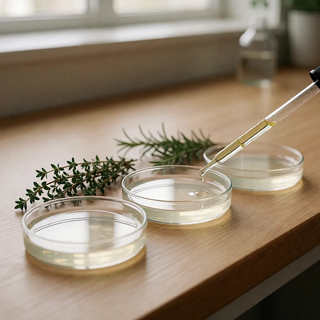 Boîtes de Petri sur une paillasse, une goutte d'huile essentielle déposée à la pipette