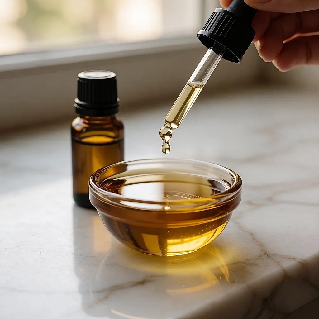 Goutte d'huile essentielle versée dans une coupelle d'huile végétale