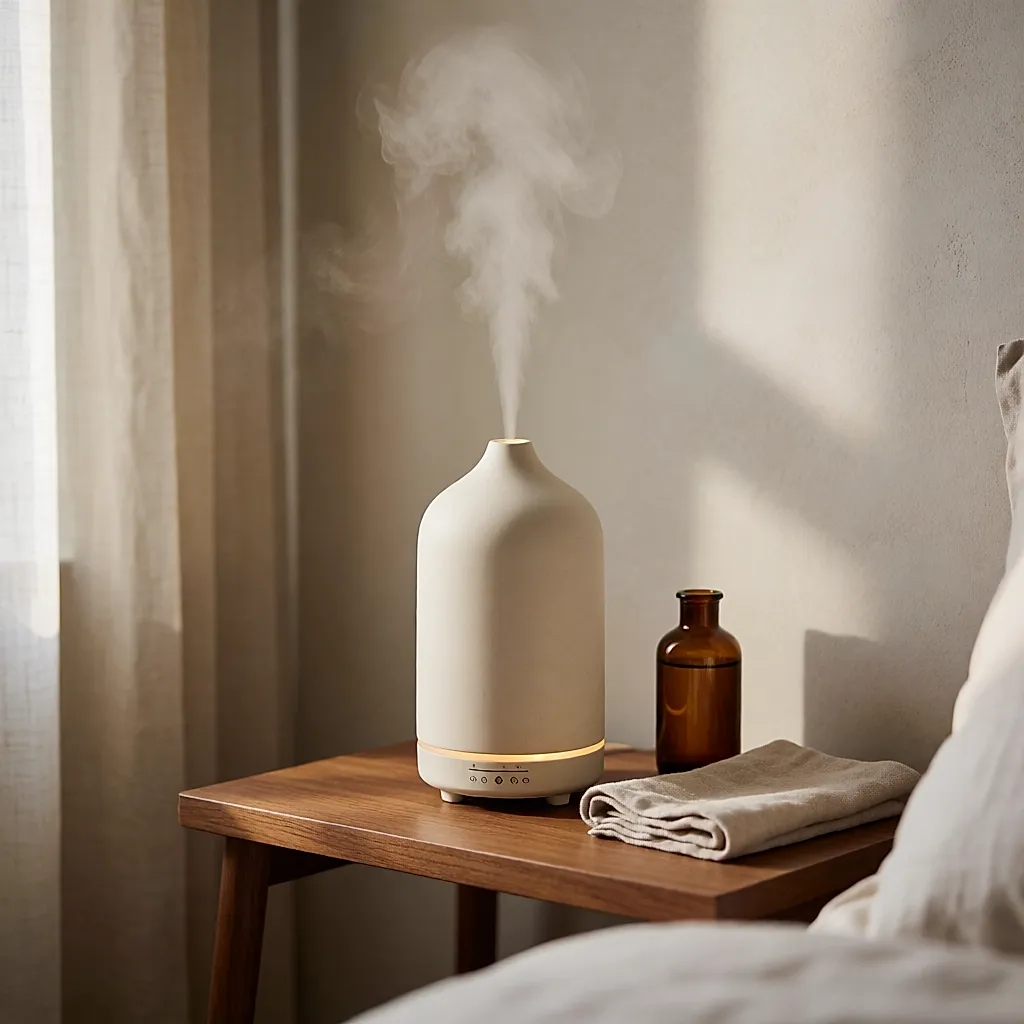 Diffuseur en céramique libérant une brume fine sur une étagère de chevet