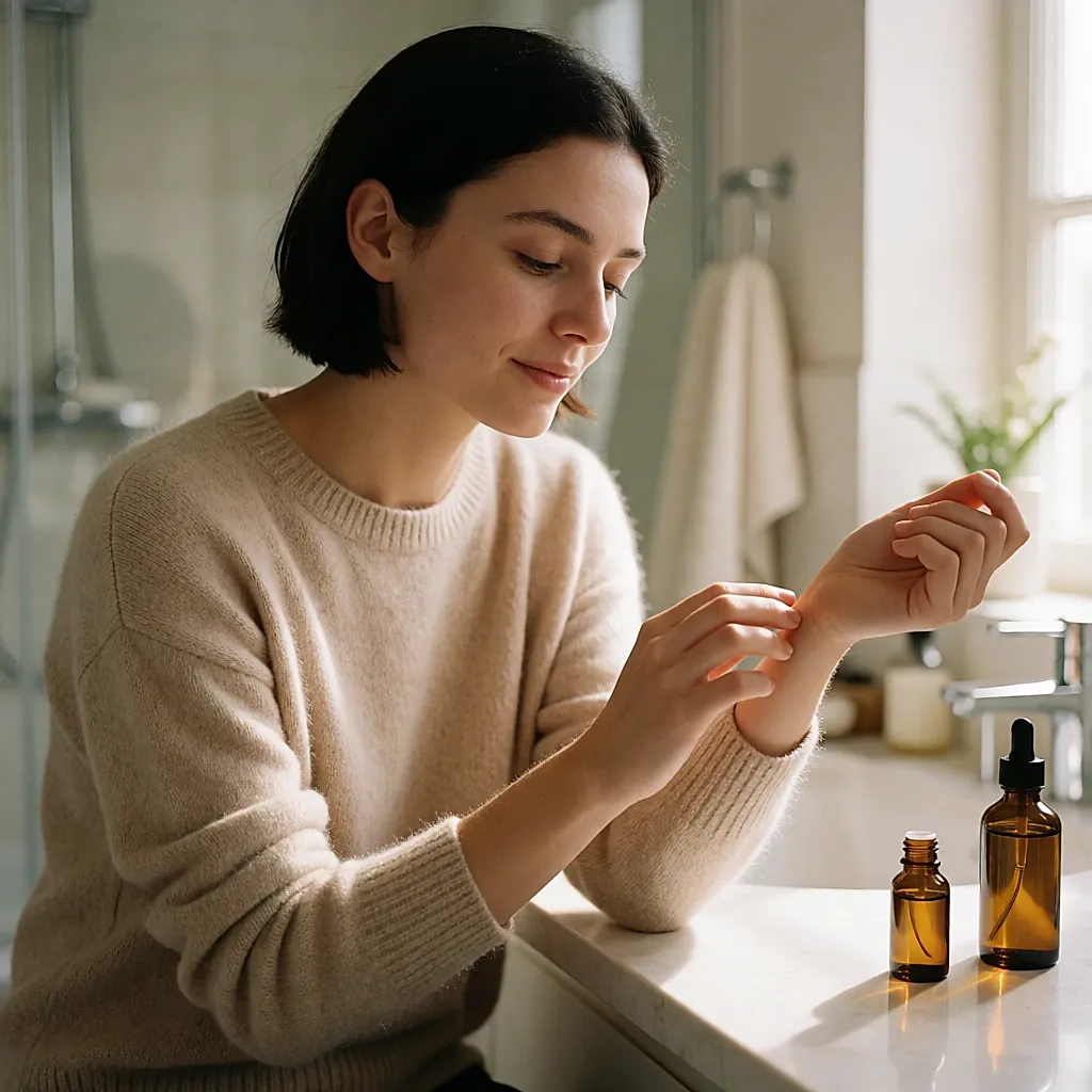 Femme appliquant une goutte d'huile diluée à l'intérieur de son poignet