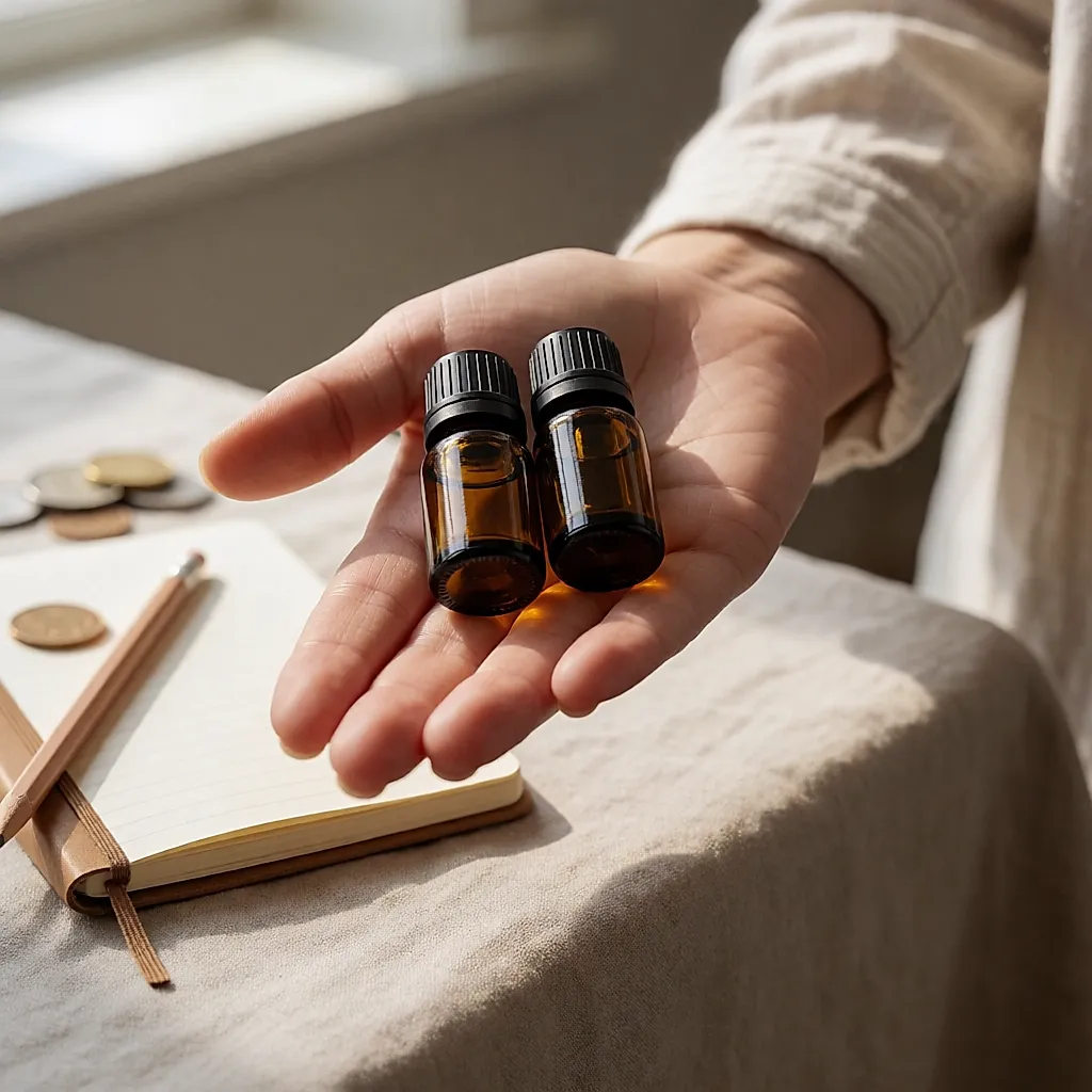 Deux flacons de 5 et 10 ml tenus dans une main pour comparer les formats