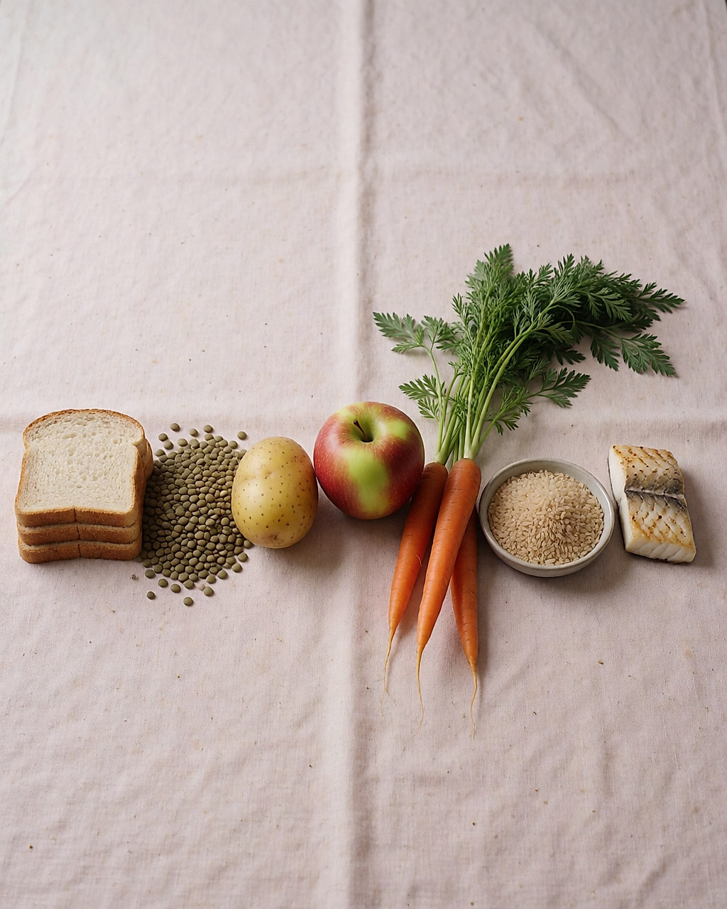 Aliments simples alignés sur une toile de lin claire, du pain blanc aux lentilles et au riz complet