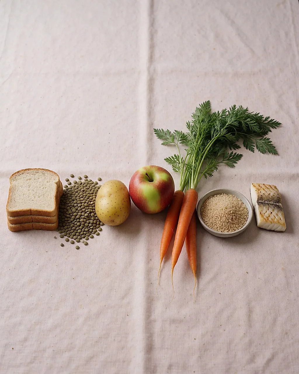 Alimentos sencillos alineados sobre una tela de lino clara, del pan blanco a las lentejas y el arroz integral