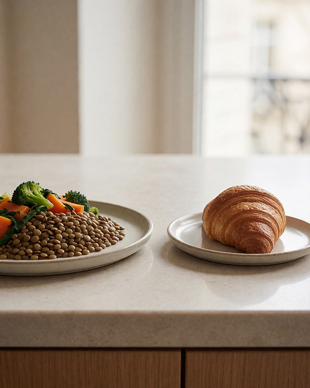 Deux assiettes côte à côte : lentilles et légumes d'un côté, une viennoiserie de l'autre