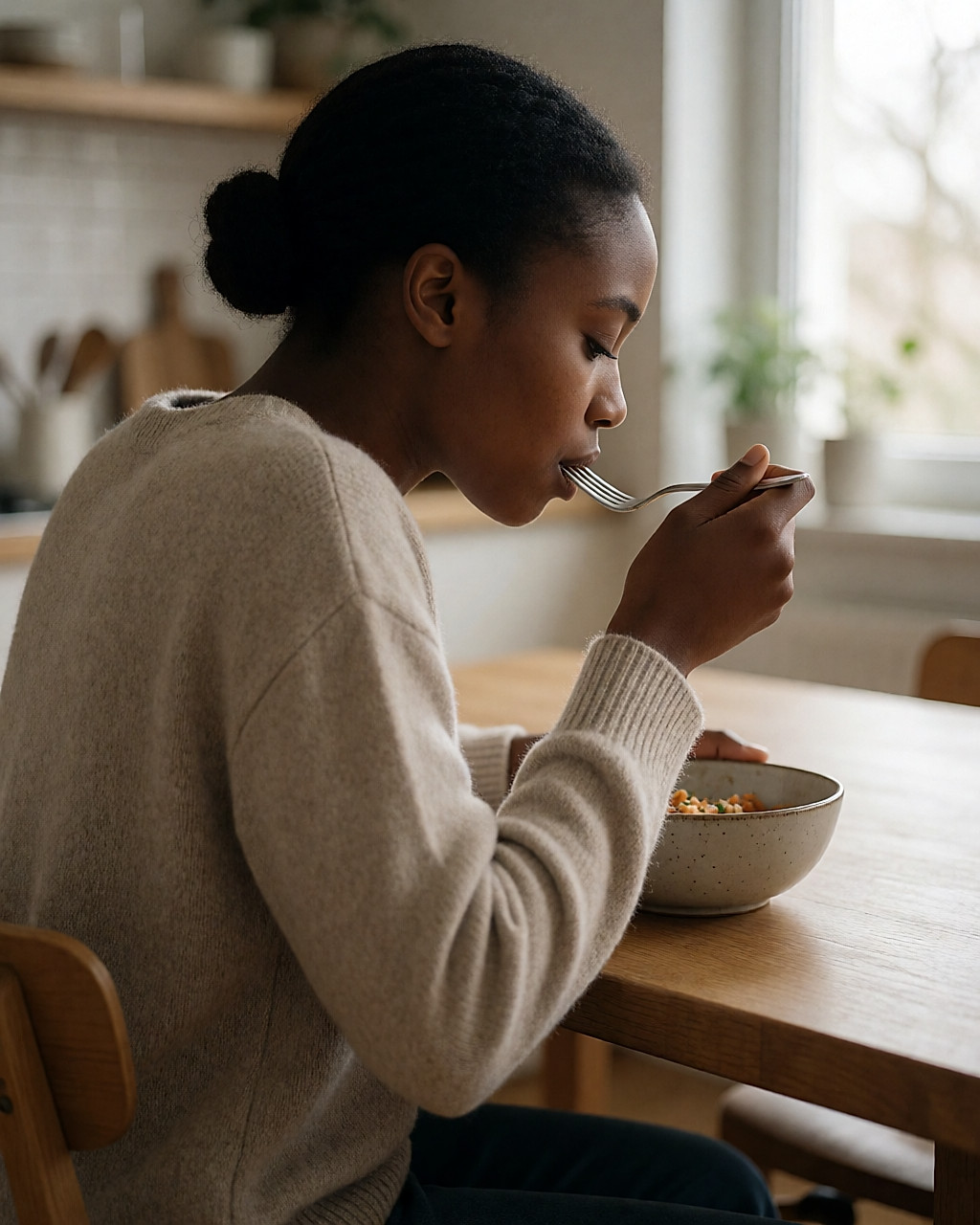 Jeune femme mangeant lentement à une table en bois, lumière naturelle douce, ambiance calme