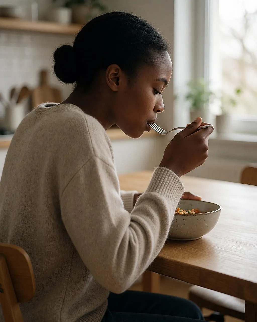Mujer joven comiendo despacio en una mesa de madera, con luz natural suave y un ambiente tranquilo