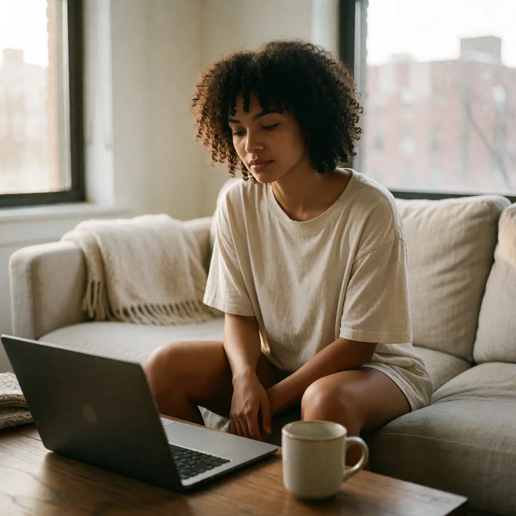 A young mixed-heritage woman dozing on a sofa, her laptop still open in front of her