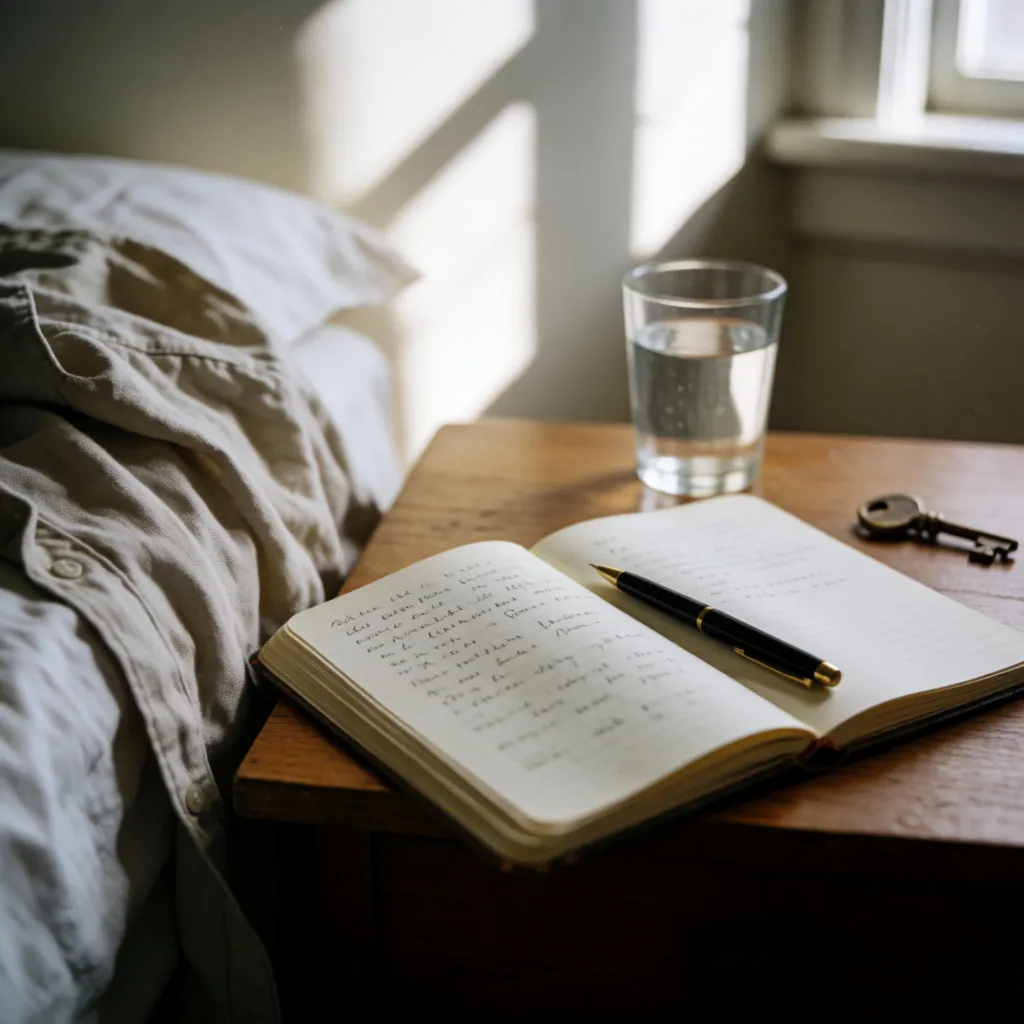 On a bedside table in the morning: an open notebook, a pen, a small brass key and a glass of water