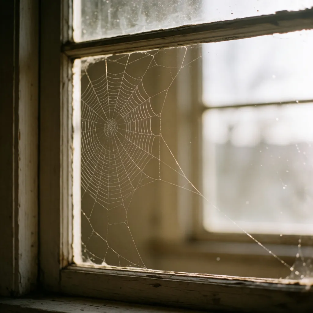 A fragile spider's web in the corner of a wooden window, lit by morning light