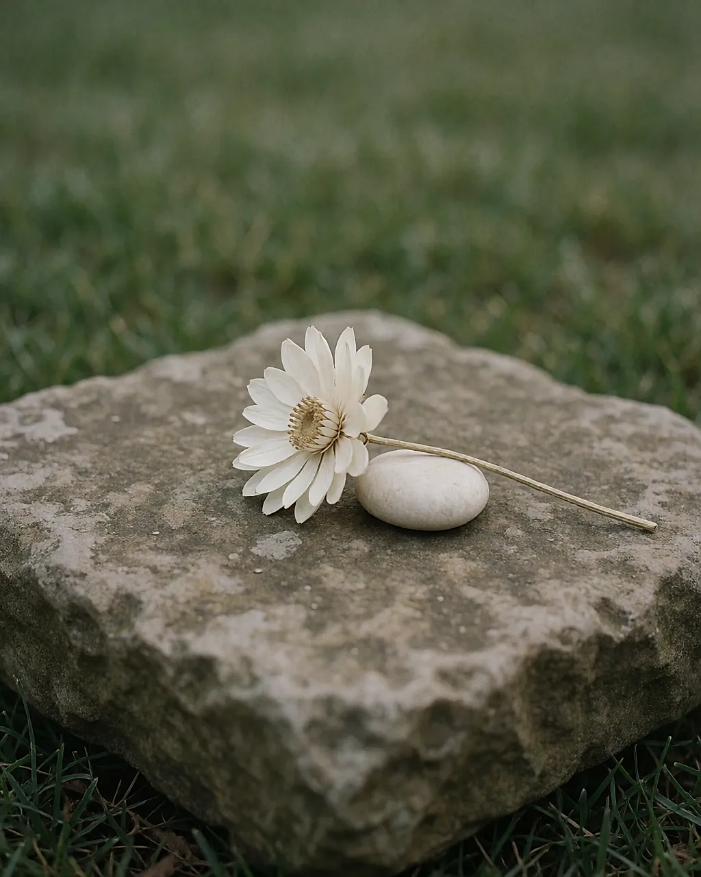 A white flower placed on a stone, for the dream of a loved one's death