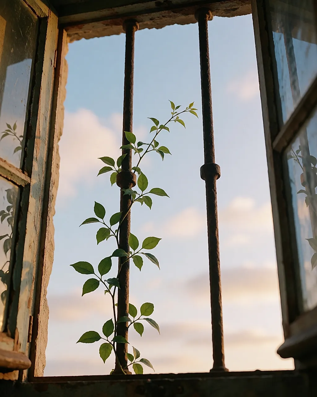 Sky glimpsed through bars, an image of a dream about being trapped