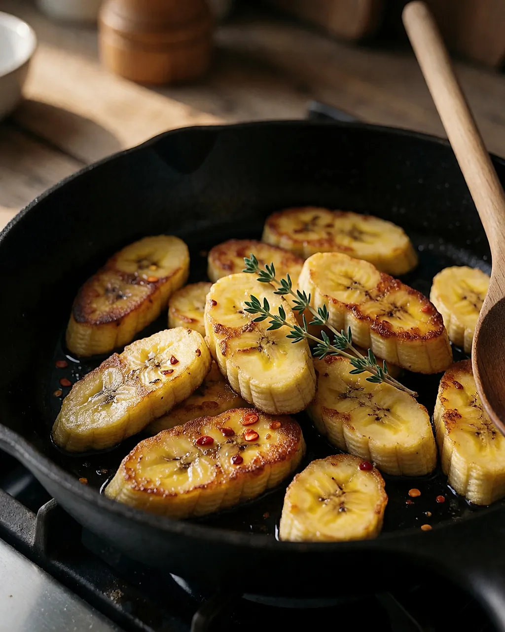 Rodelas de banana-da-terra douradas numa frigideira de ferro fundido