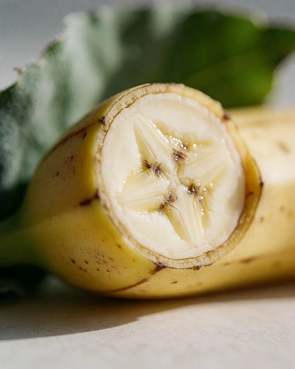 Plano aproximado de uma banana cortada, com polpa cor de creme e pequenas sementes
