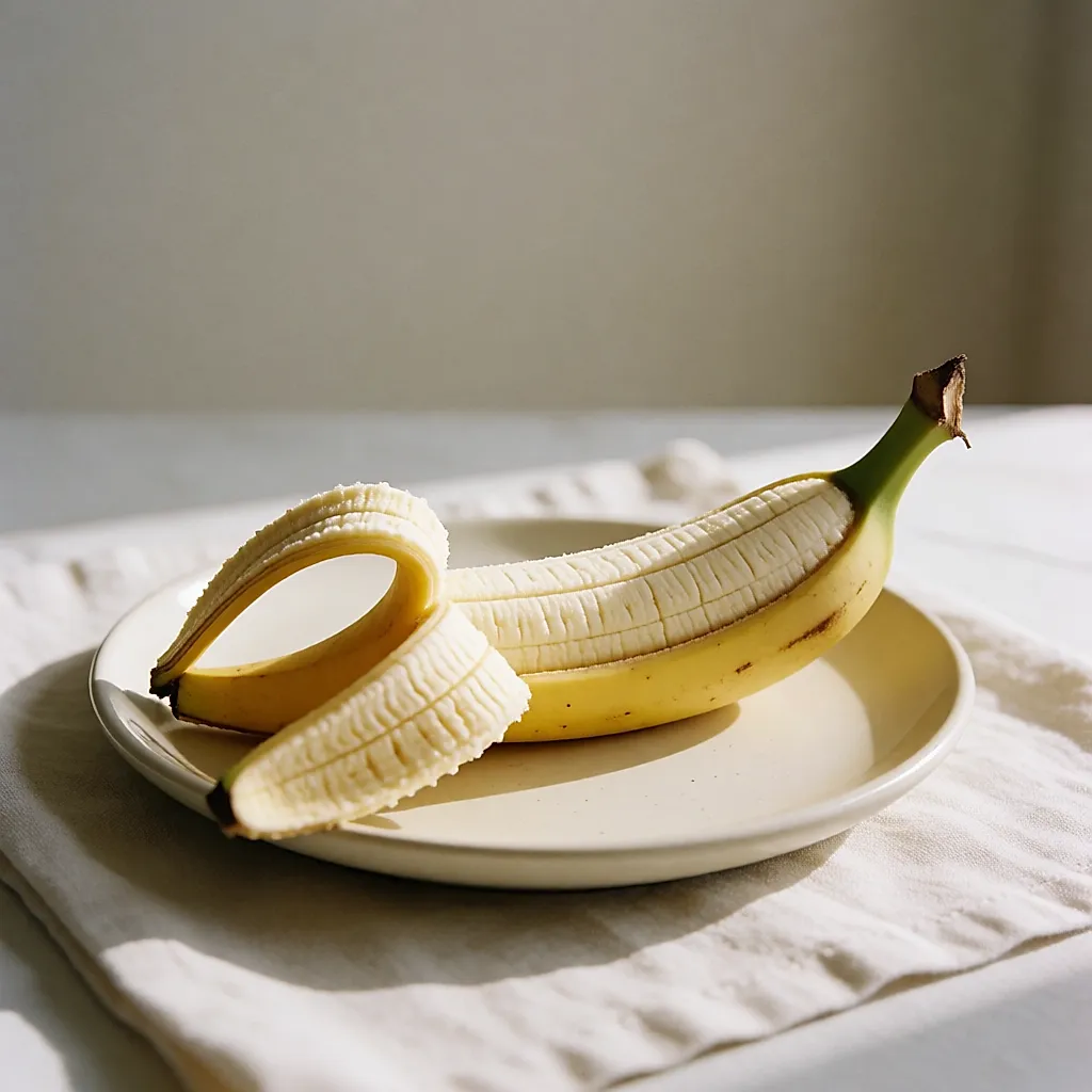 Banana descascada que mostra a polpa cor de creme, fonte de potássio e vitaminas