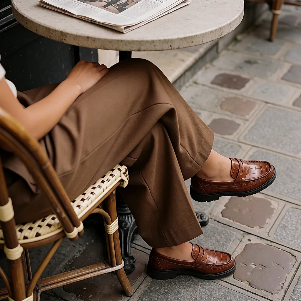 Vue de dessus, une femme assise jambes croisées porte des chaussures hybrides à dessus de mocassin en cuir croco