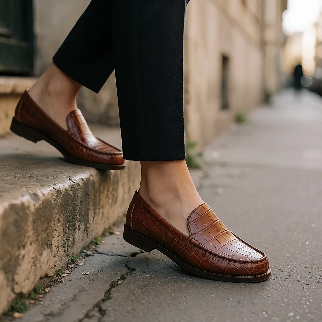 Une femme descend une marche en pierre, chaussures hybrides à semelle plate, gros plan sur les pieds