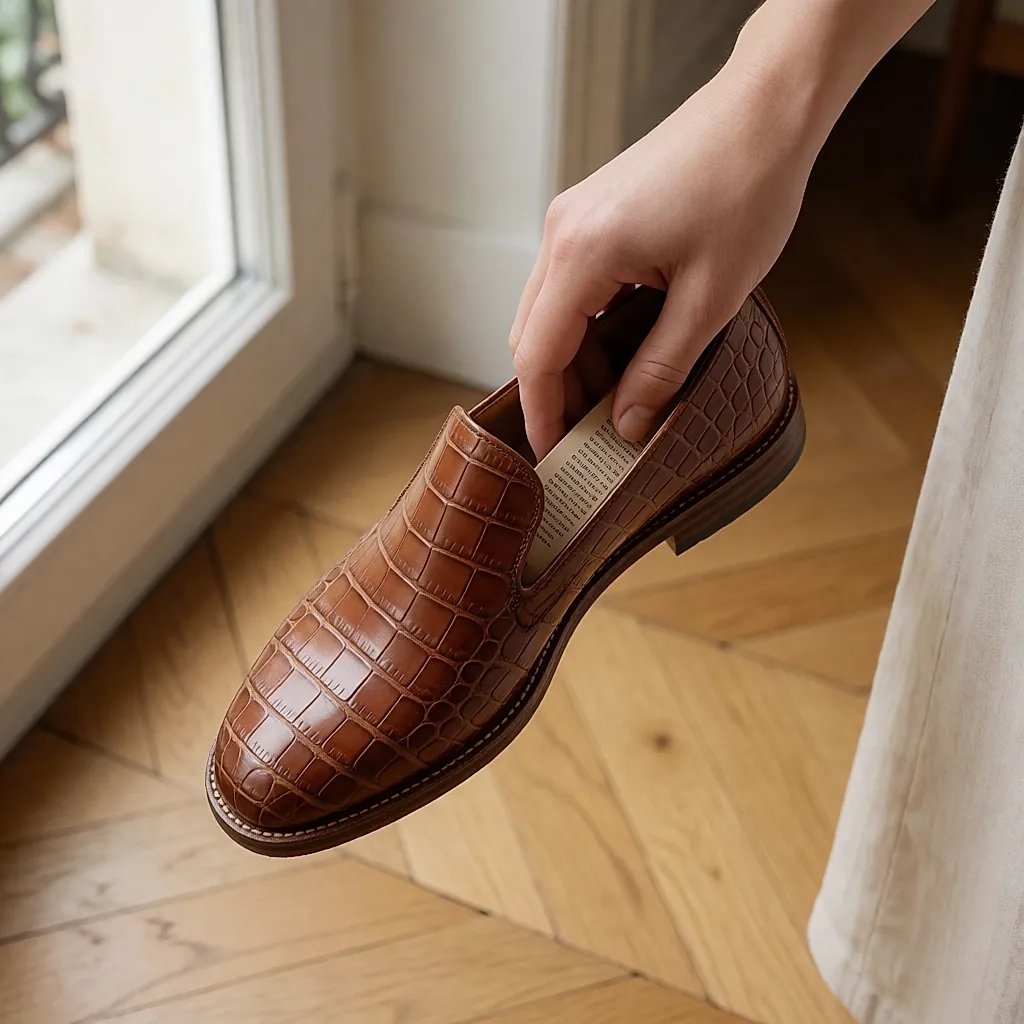 Une main ouvre une chaussure hybride pour montrer la doublure cuir et l'étiquette de composition