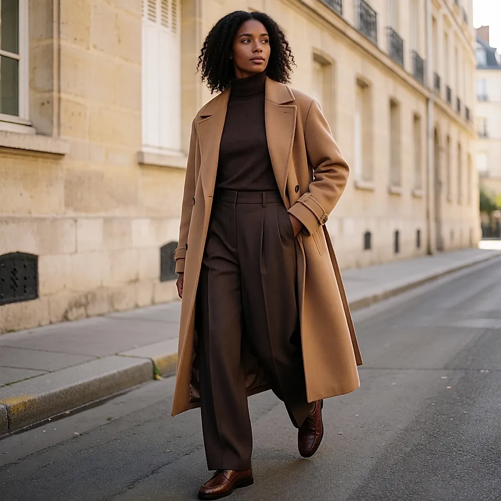 Silhouette ton sur ton : trench camel, pantalon large chocolat et chaussures hybrides en cuir croco