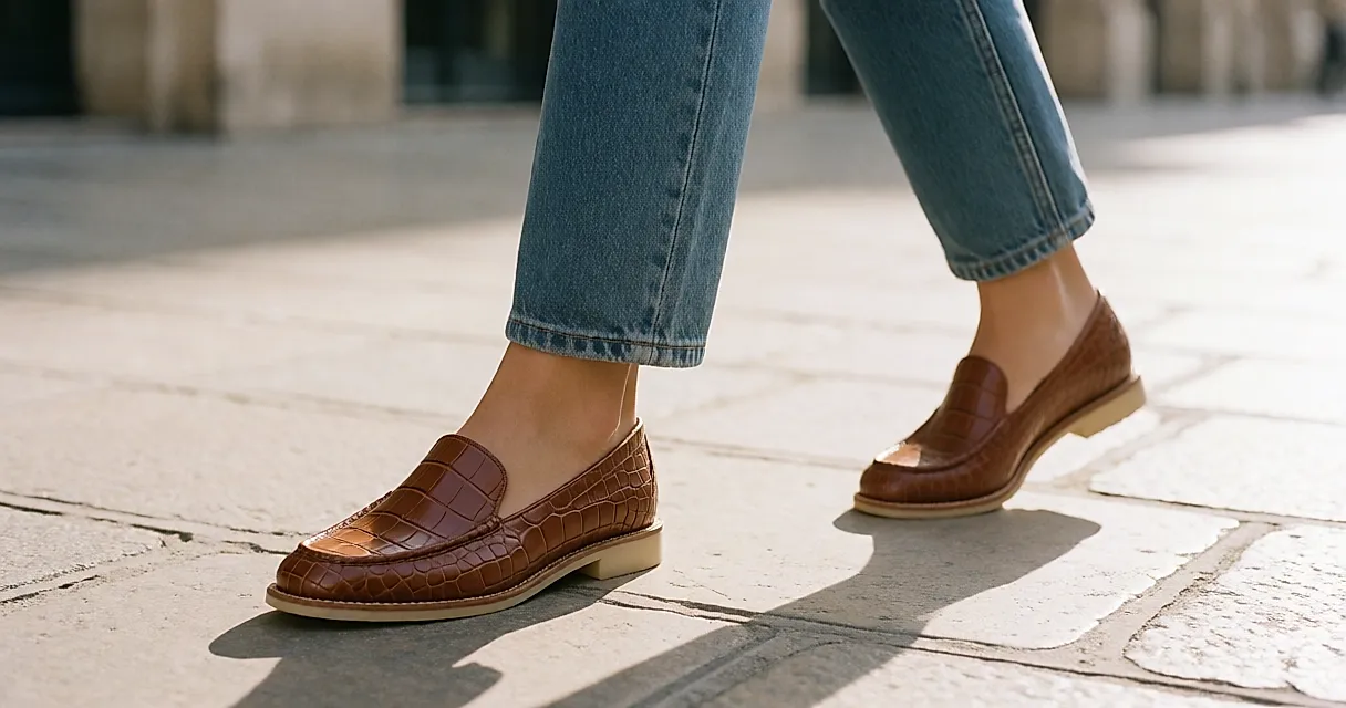 La basket-mocassin hybride, entre cuir embossé croco et semelle plate, du bureau au week-end