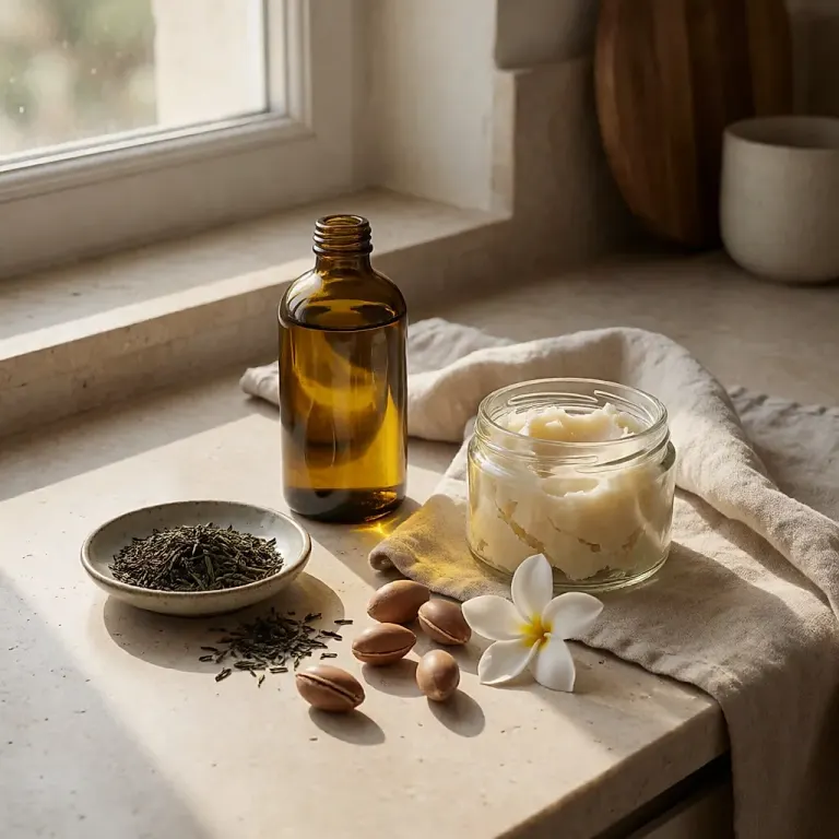 Plant oils and raw butters on a bathroom shelf for a simple, natural beauty routine