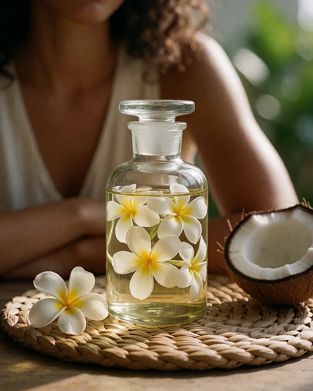 Um frasco de vidro onde maceram flores de tiaré em óleo de coco