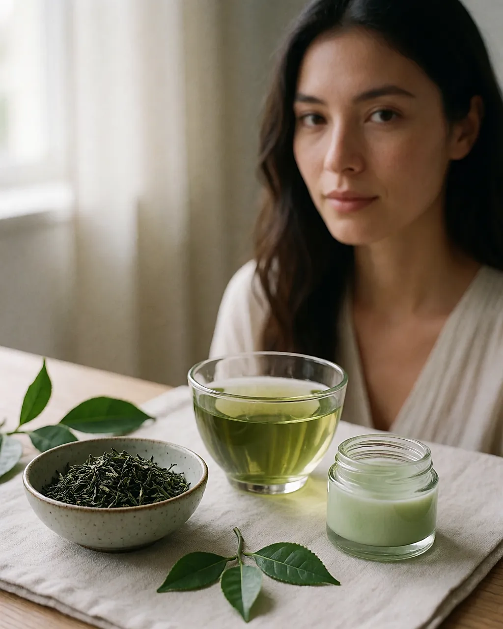 Folhas de chá verde, chávena infusa e pequeno pote de cuidado verde-pálido sobre linho claro