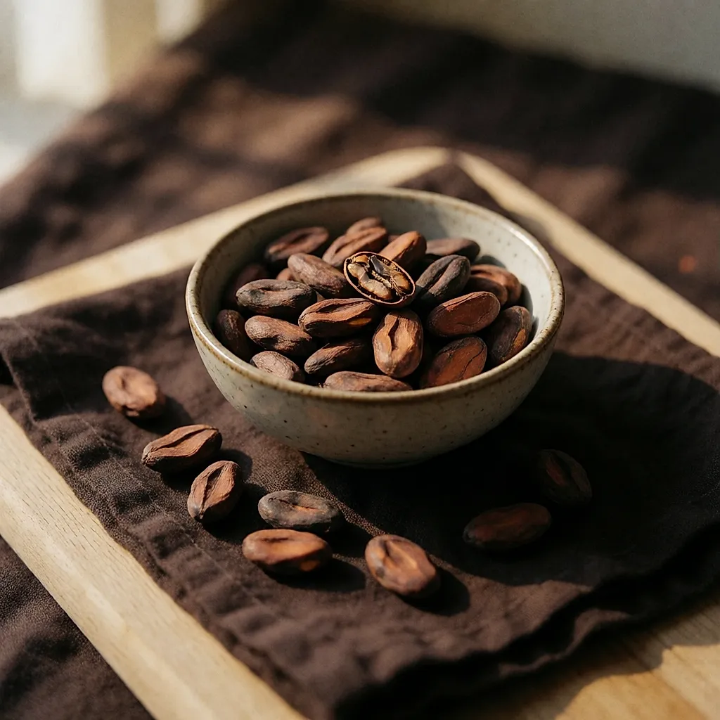 A bowl of raw cocoa beans, a few cracked open to show the nibs