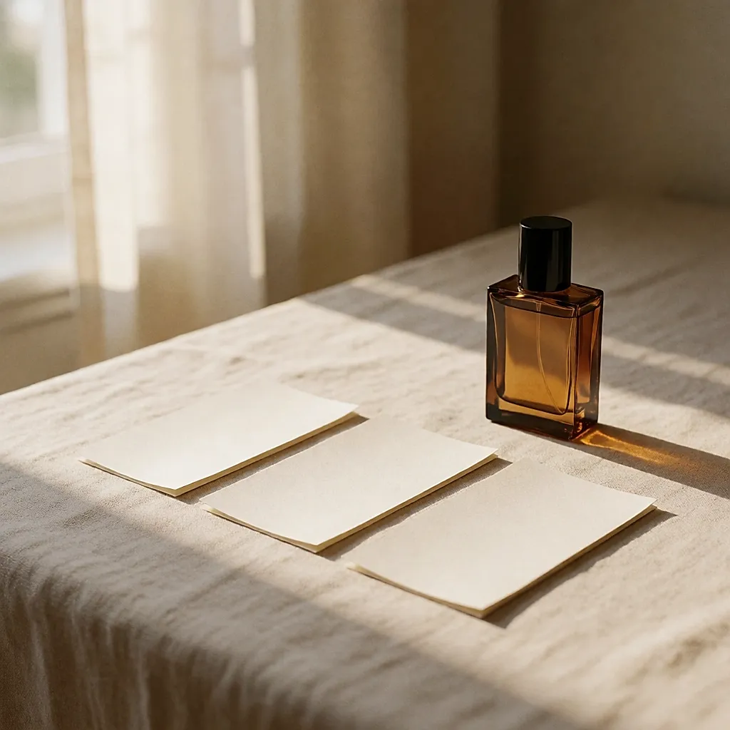 Trois touches de papier alignées près d'un flacon de parfum ambré