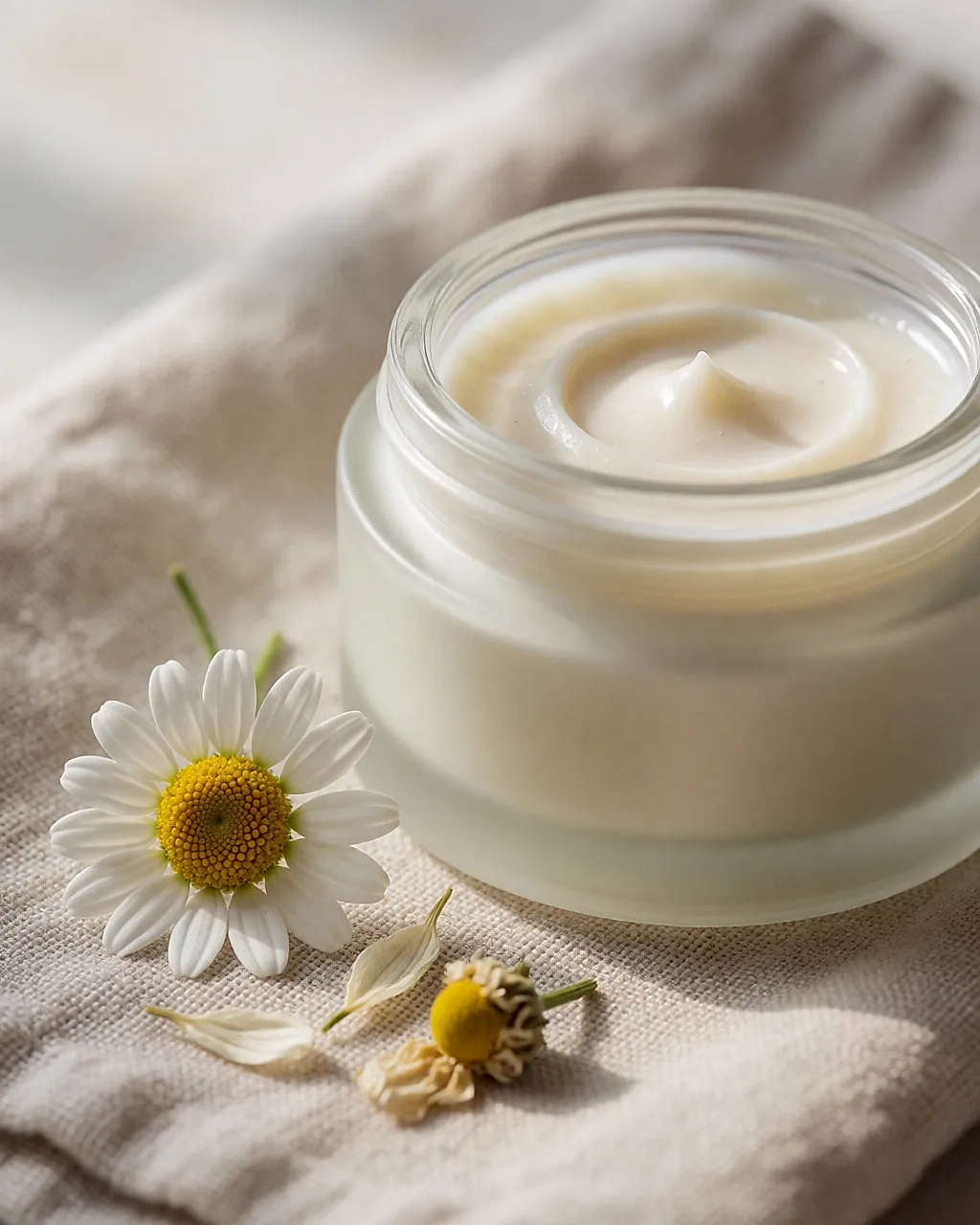 Nahaufnahme eines geöffneten Tiegels Pflanzencreme neben einer getrockneten Kamillenblüte auf beigem Leinen