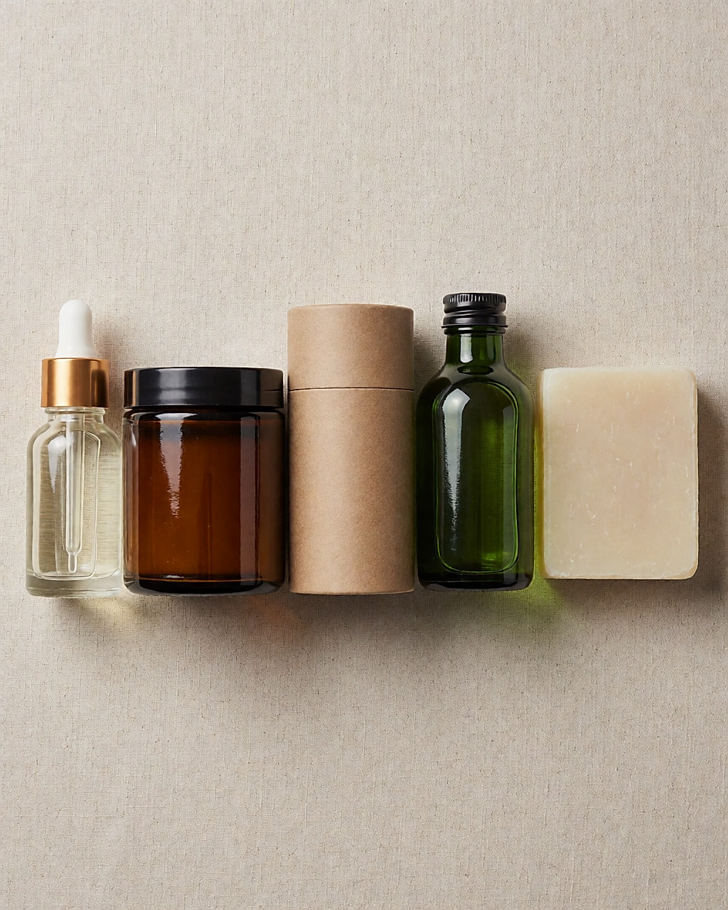 Vue de dessus de cinq cosmétiques naturels sans marque, chacun scellé d'une pastille de papier vierge