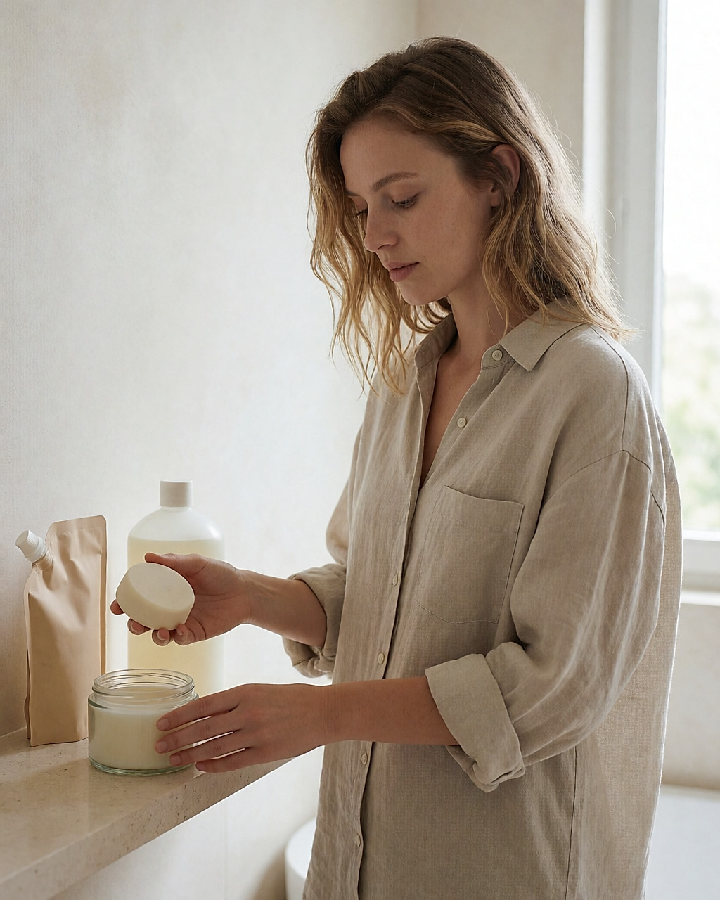 Jeune femme en salle de bain claire, un shampooing solide dans la main au-dessus d'un pot en verre ouvert