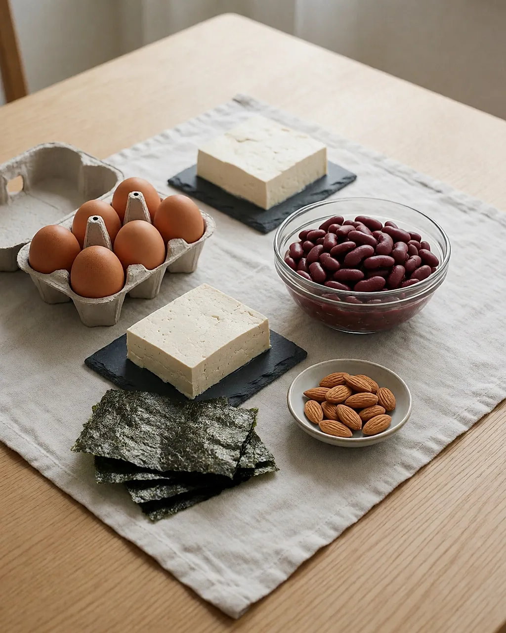 Œufs, tofu, haricots rouges, algues et amandes disposés sur un linge clair
