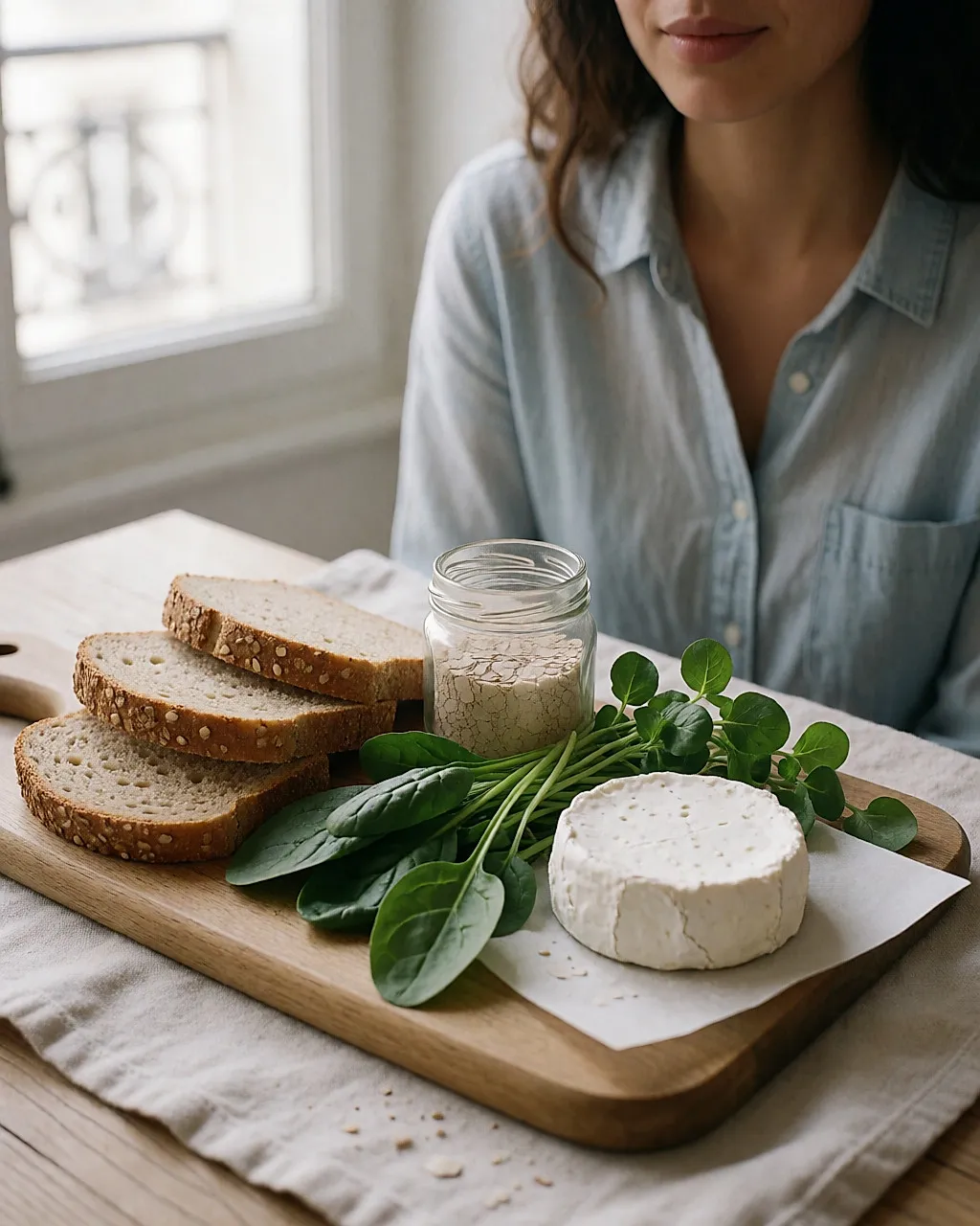 Pain complet, levure de bière, épinards, cresson et fromage de chèvre sur une planche
