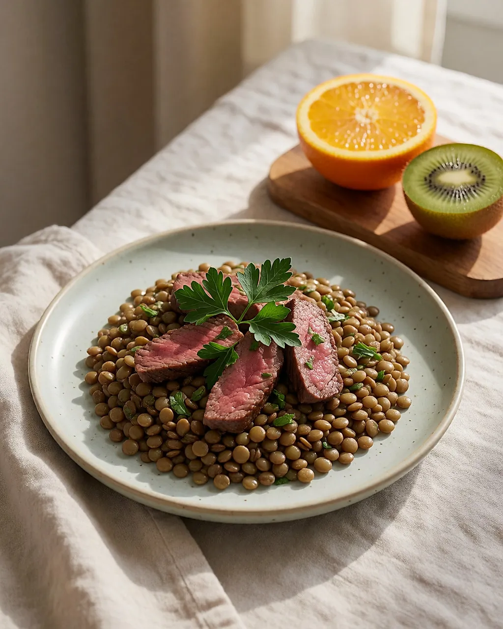 Un plat de lentilles et de bœuf accompagné d'orange, de kiwi et de persil frais
