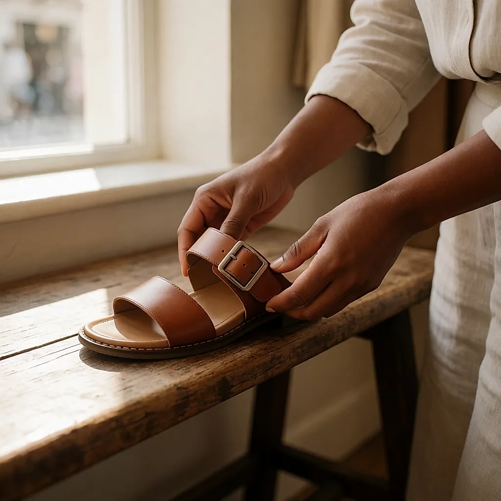 Mains retournant une sandale en cuir pour examiner le chant de la boucle en boutique