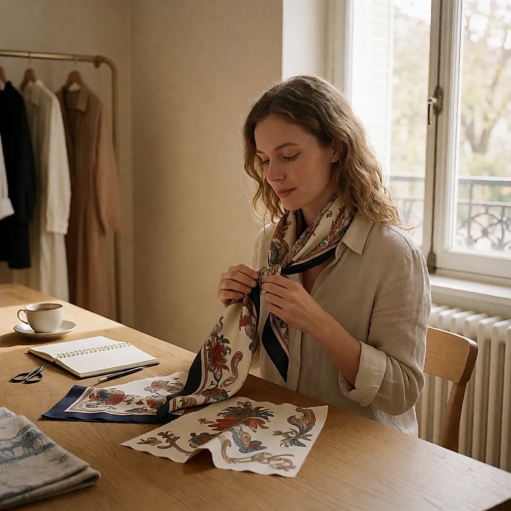 Une participante apprend à nouer un foulard de soie lors d'un atelier en boutique