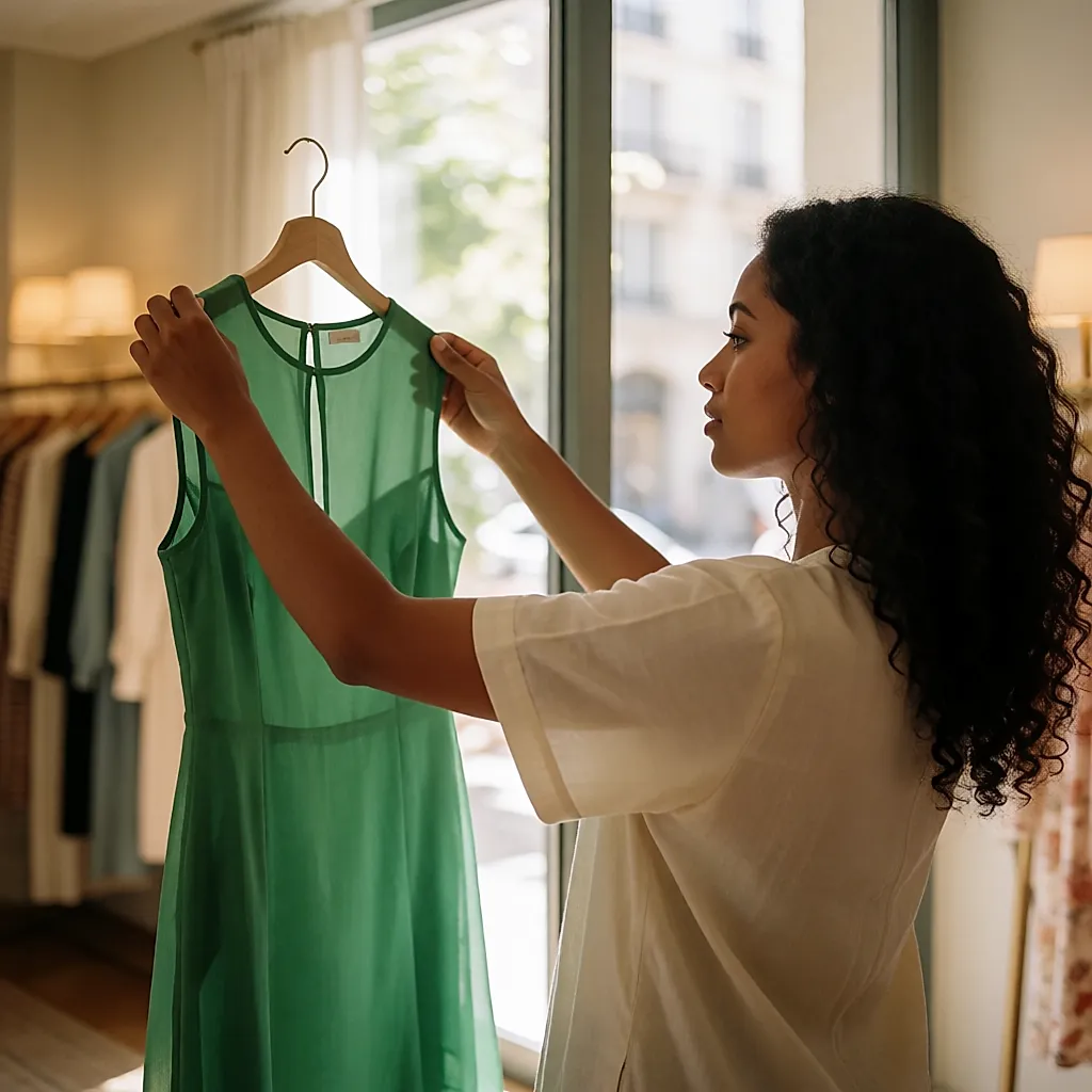 Une cliente approche une robe verte de la vitrine pour la juger à la lumière du jour