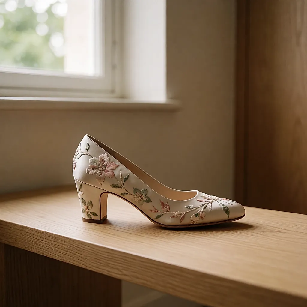 Chaussure satinée brodée vue de profil, talon, semelle et contrefort visibles