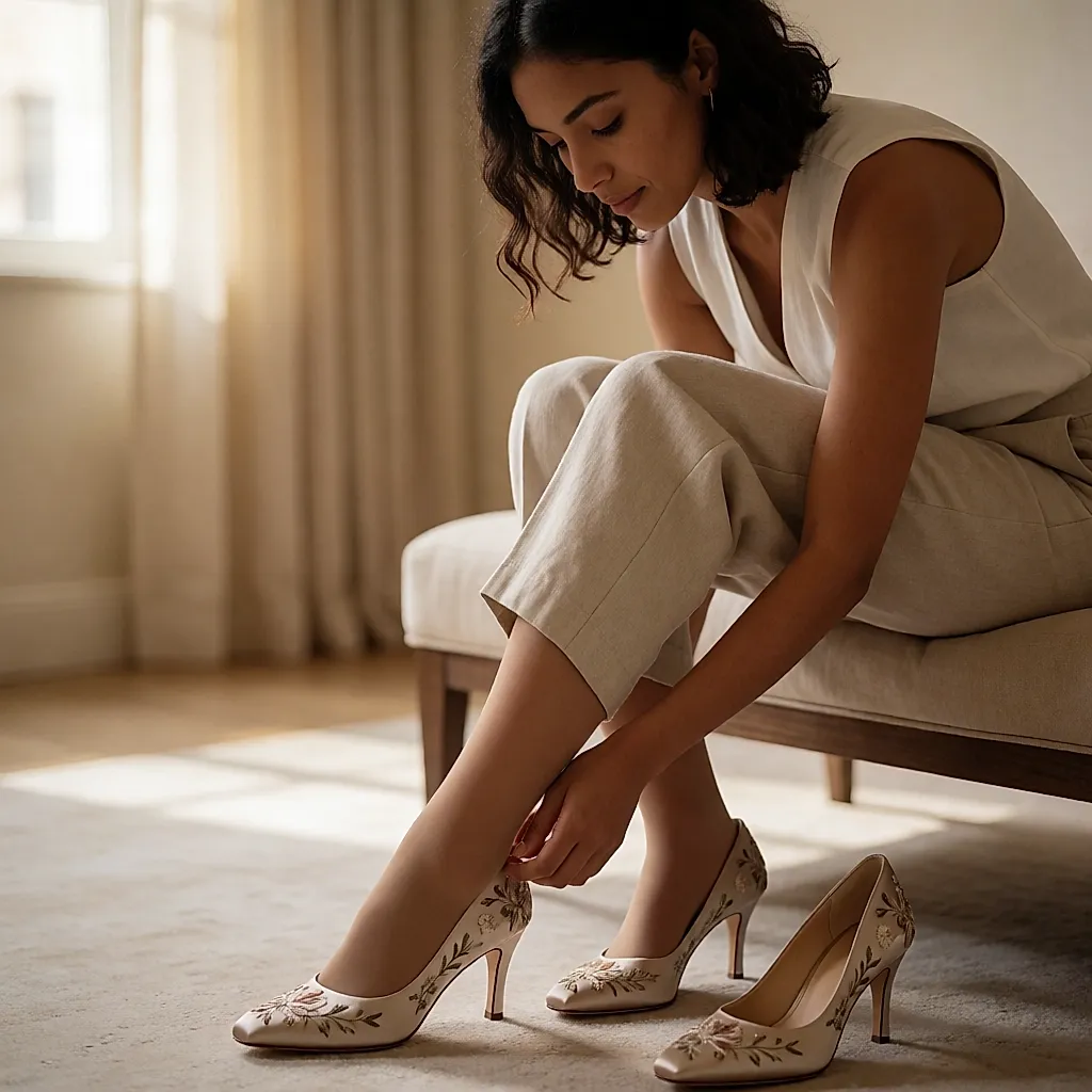 Une femme assise en boutique enfile une chaussure brodée sur un collant fin