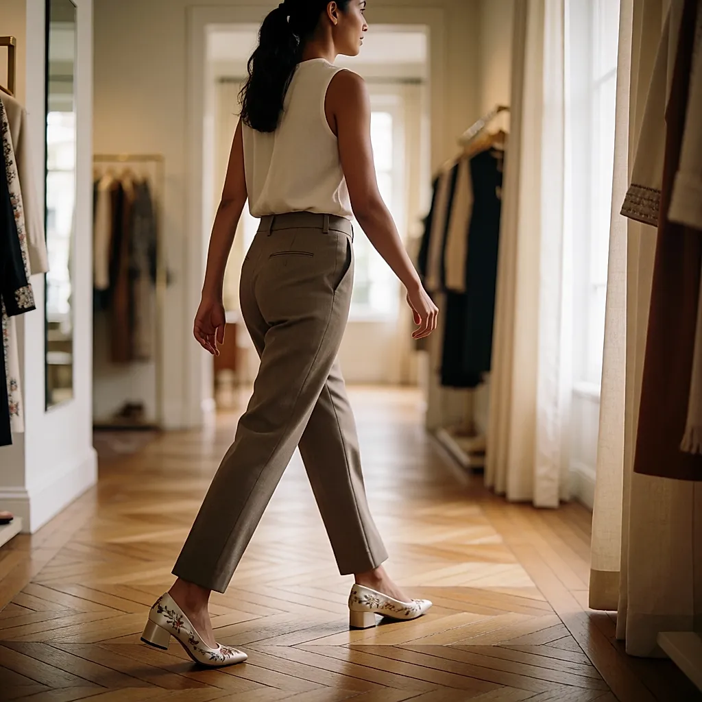 Une femme marche d’un pas vif dans une boutique, chaussure brodée au pied