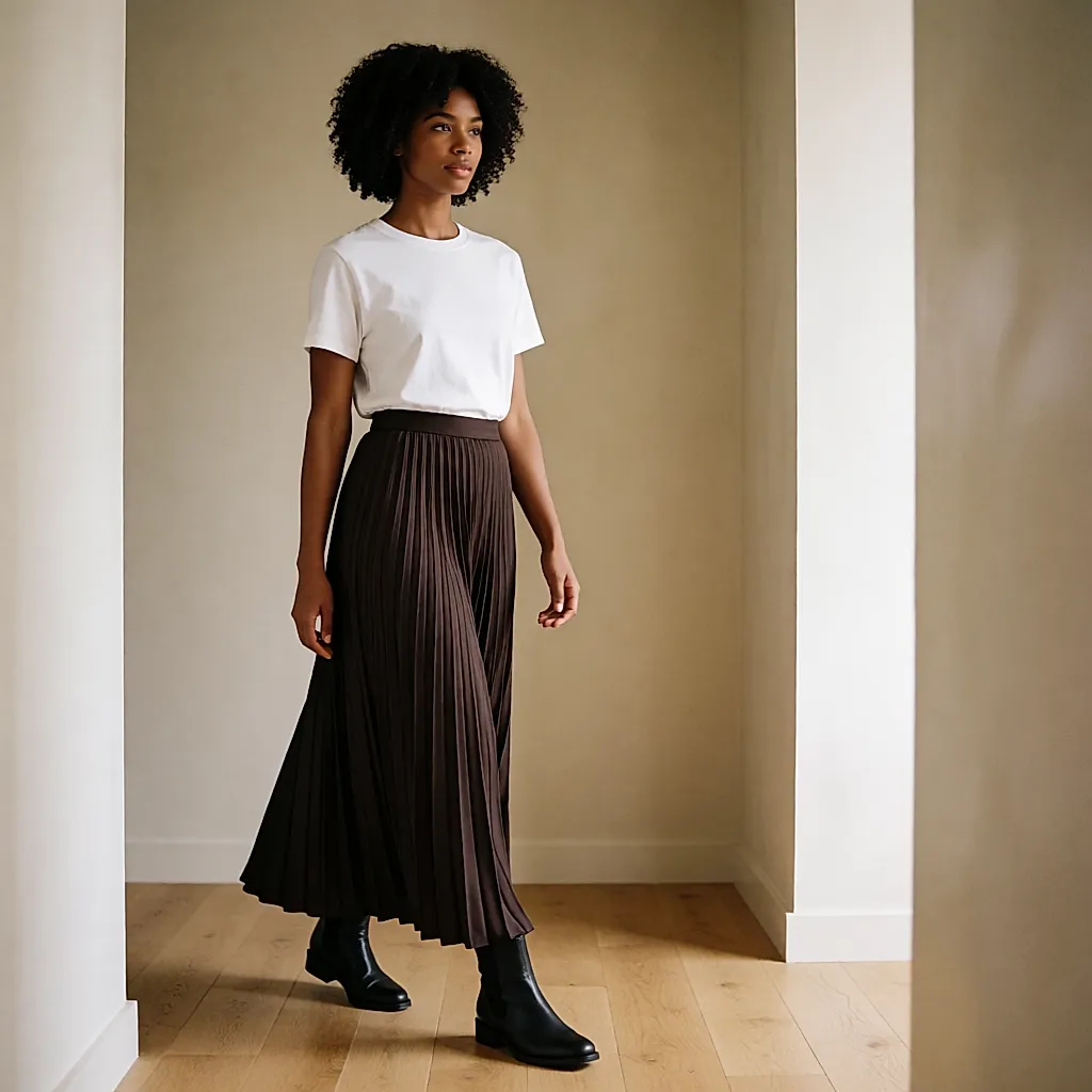Jupe midi plissée chocolat portée avec un tee-shirt blanc et des bottines