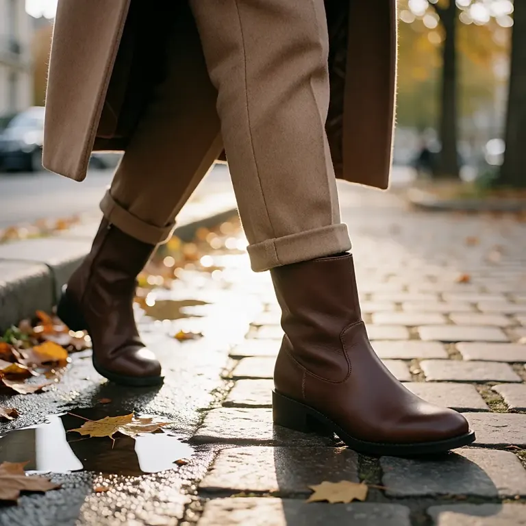 Botines y botas de otoño en el escaparate de una tienda, con cartel de descuento