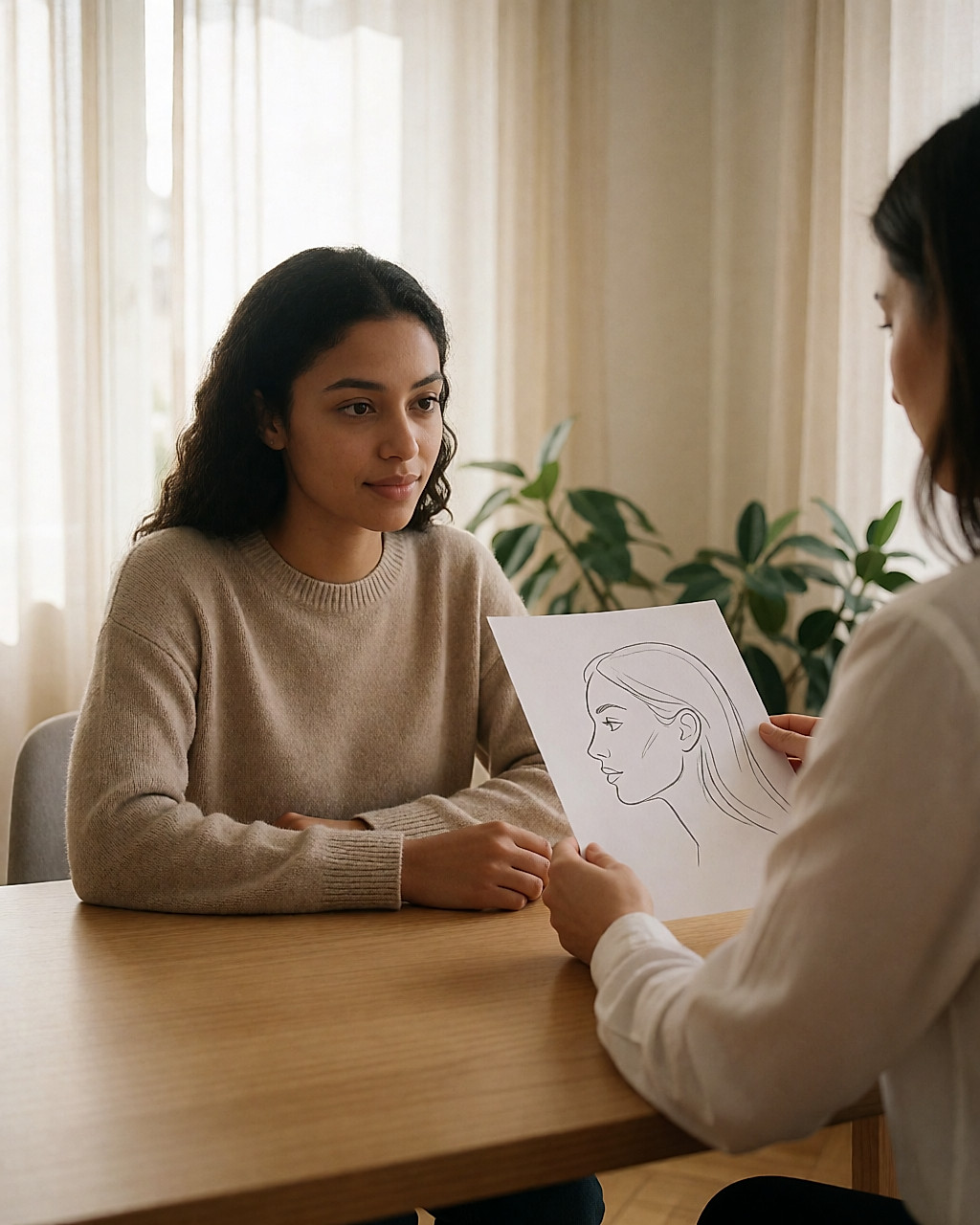 Jeune femme assise à un bureau de consultation, regardant un croquis de profil sur une feuille