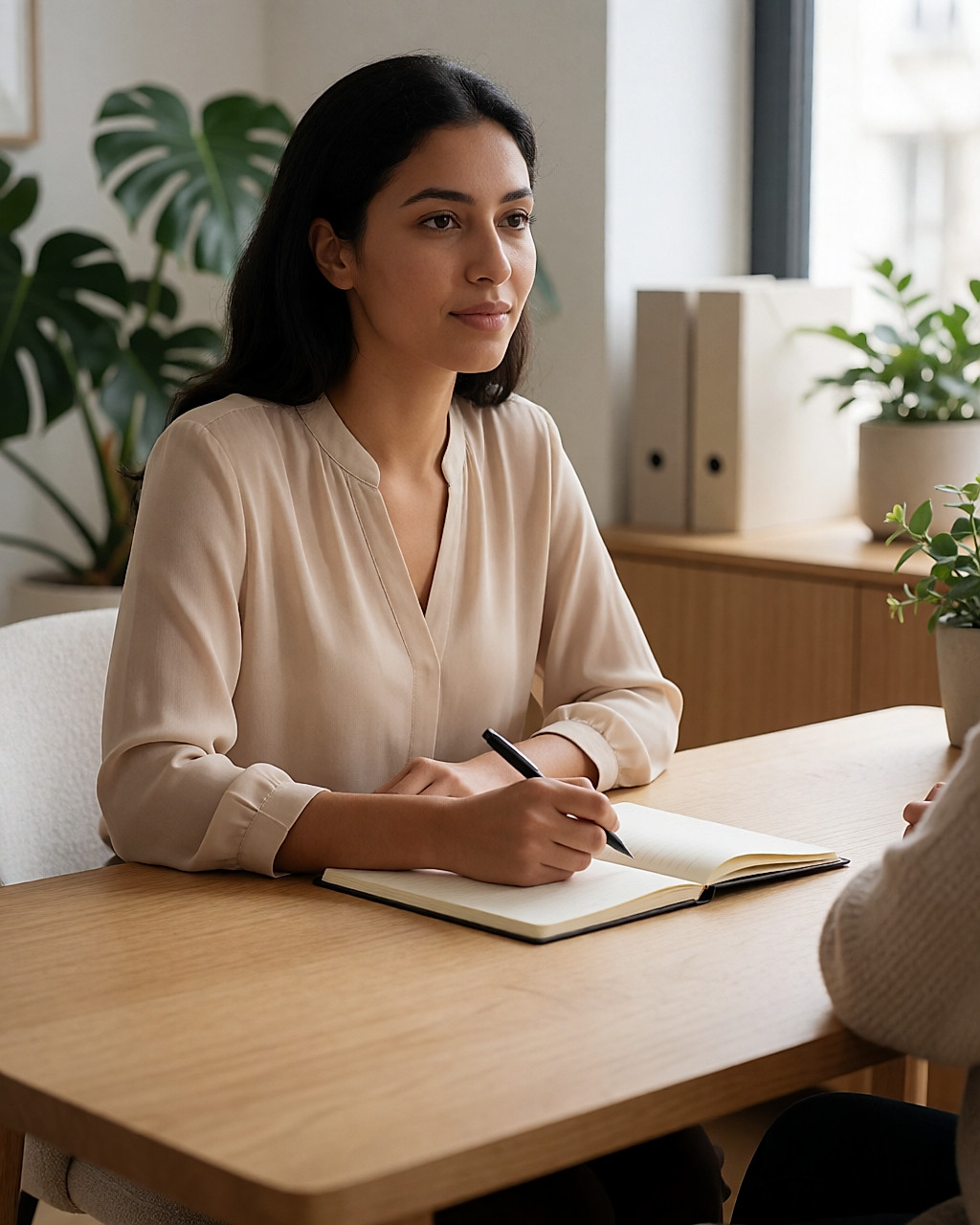 Young woman sitting at a light desk in consultation, notebook open in front of her