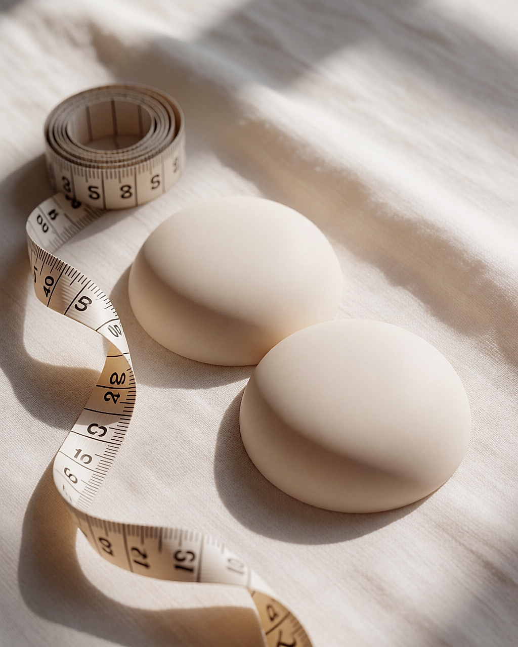 Two silicone breast implants resting on pale linen next to a tape measure