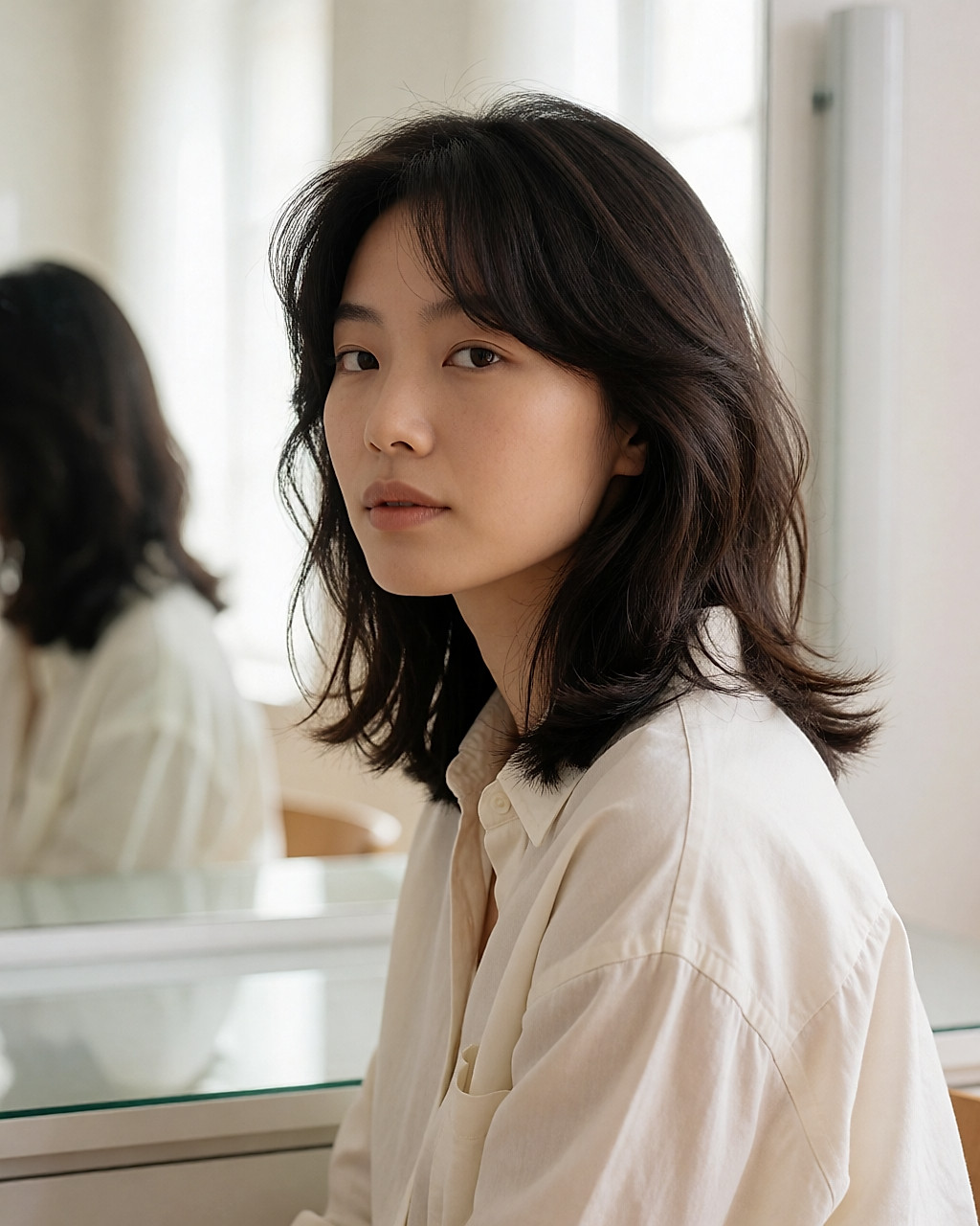 Jeune femme asiatique au mi-long avec frange rideau et volume sur le dessus
